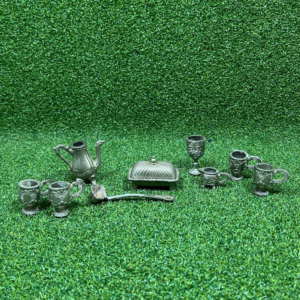 Vintage 1978 Imperial Toy Silver Tone Metal Miniature Dollhouse Tea Coffee Set